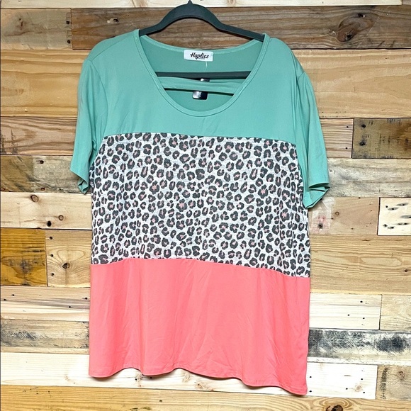 Haptics size 1X Color Block Mint, Coral, Cheetah Print Short Sleeve Soft Blouse - Picture 1 of 7